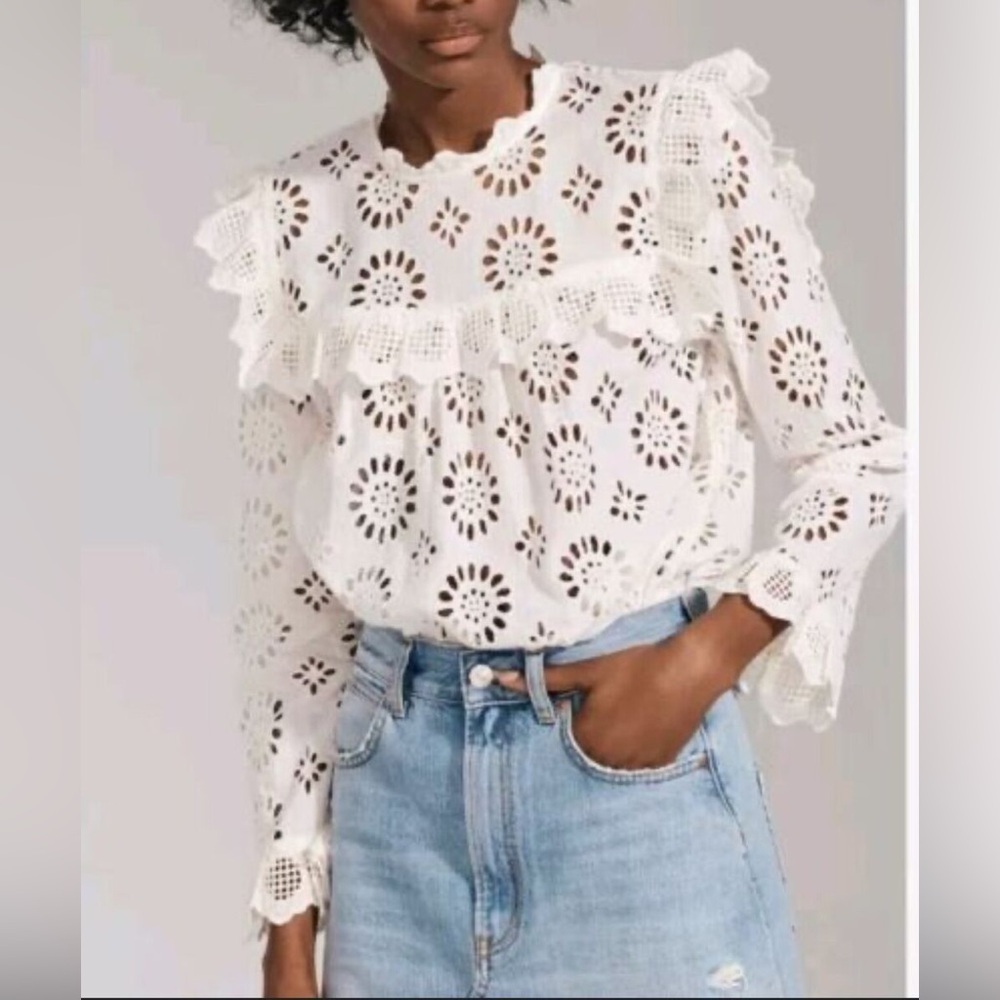 Zara Eyelet white cotton long sleeve blouse size medium Victorian summer coastal - Picture 10 of 10